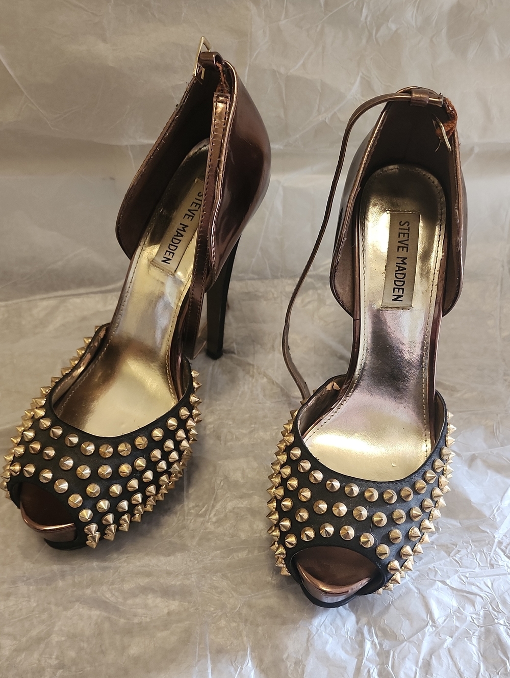 Steve Madden Bronze Metallic Peep-Toe Heels with Gold Studs